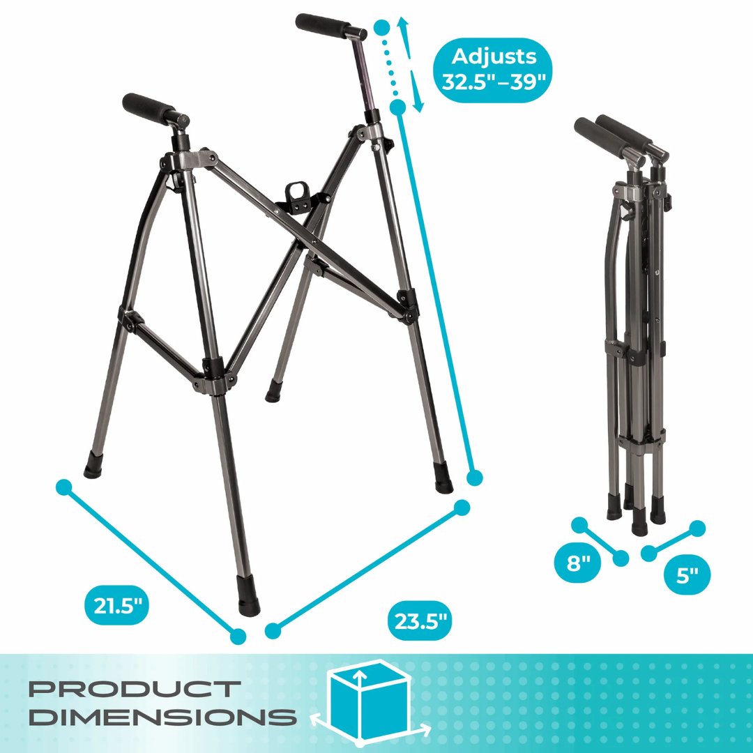 Stander Wonder Walker Lite shown unfolded, height adjustable from 32.5"–39", overall size 21.5" x 23.5". Folds down to a compact 8" x 5" for portability—lightweight and ideal as an adjustable walker. Bottom reads: Product Dimensions.