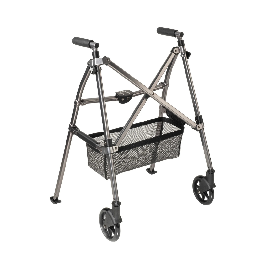 The Stander Bariatric Wonder Walker Plus with Wheels is a lightweight, compact folding walker featuring two front wheels, foam handle grips, sturdy rubber-tipped legs, and a central mesh storage basket.