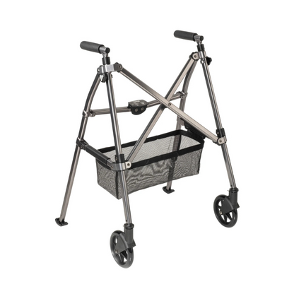 The Stander Bariatric Wonder Walker Plus with Wheels is a lightweight, compact folding walker featuring two front wheels, foam handle grips, sturdy rubber-tipped legs, and a central mesh storage basket.