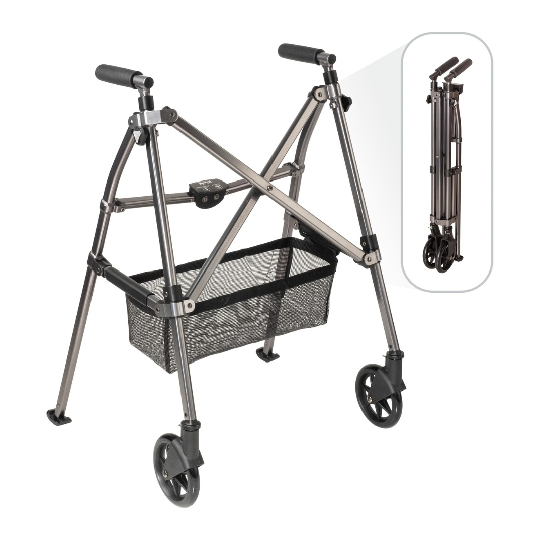 The Stander Bariatric Wonder Walker Plus with Wheels is a lightweight, foldable walker featuring four wheels and a mesh storage basket. An inset image displays the compact walker fully folded for easy transport or storage.