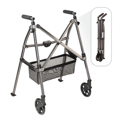 The Stander Bariatric Wonder Walker Plus with Wheels is a lightweight, foldable walker featuring four wheels and a mesh storage basket. An inset image displays the compact walker fully folded for easy transport or storage.