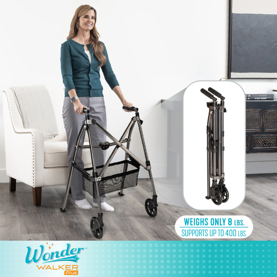 A smiling woman uses the Stander Bariatric Wonder Walker Plus with Wheels, featuring black handles and a storage basket. An inset shows it folded compactly. Weighs 8 lbs, supports up to 400 lbs.