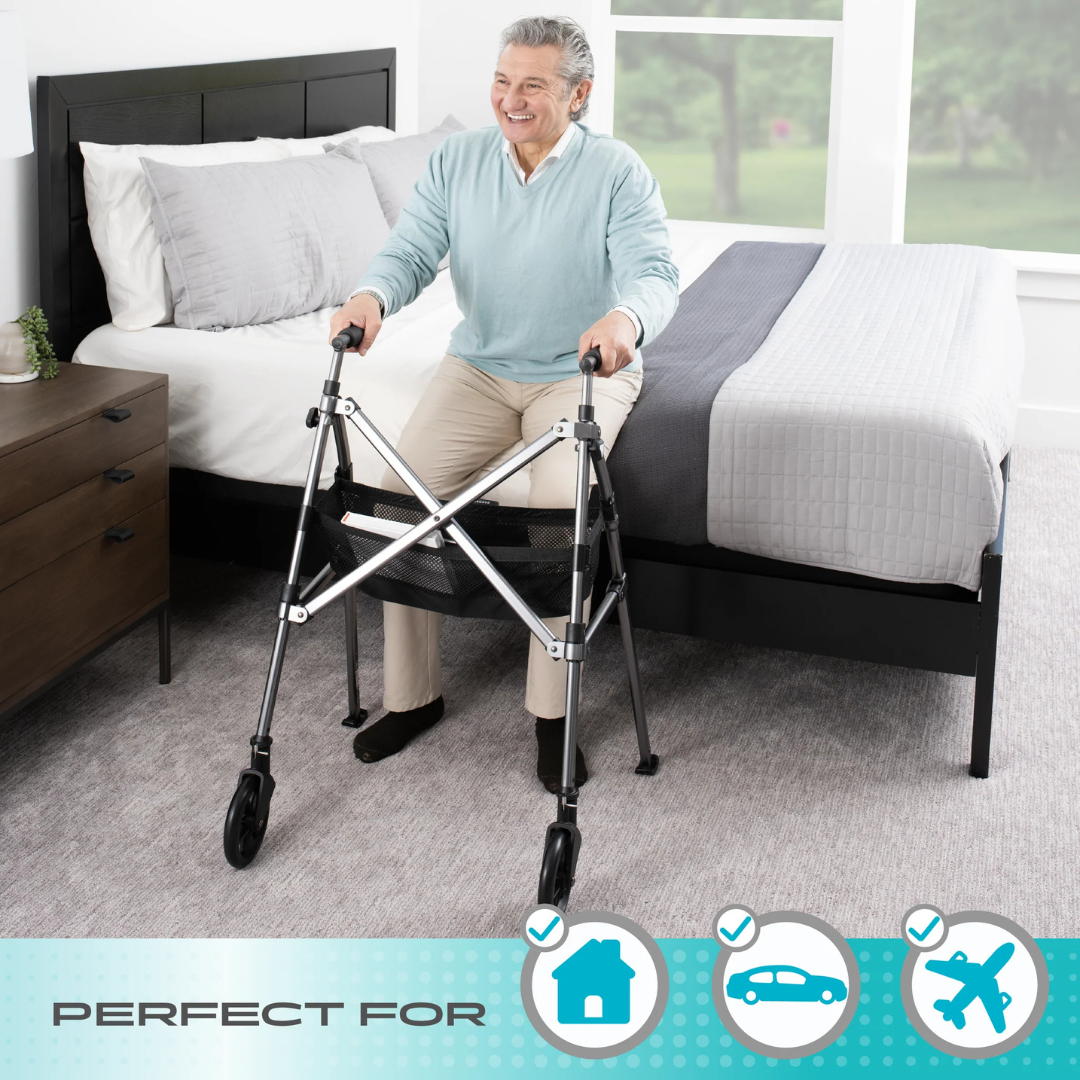 An older man uses the Stander Bariatric Wonder Walker Plus with Wheels, sitting on a bed in a bright room. Below, "Perfect for" is shown with icons of a house, car, and airplane, emphasizing mobility at home and during travel.