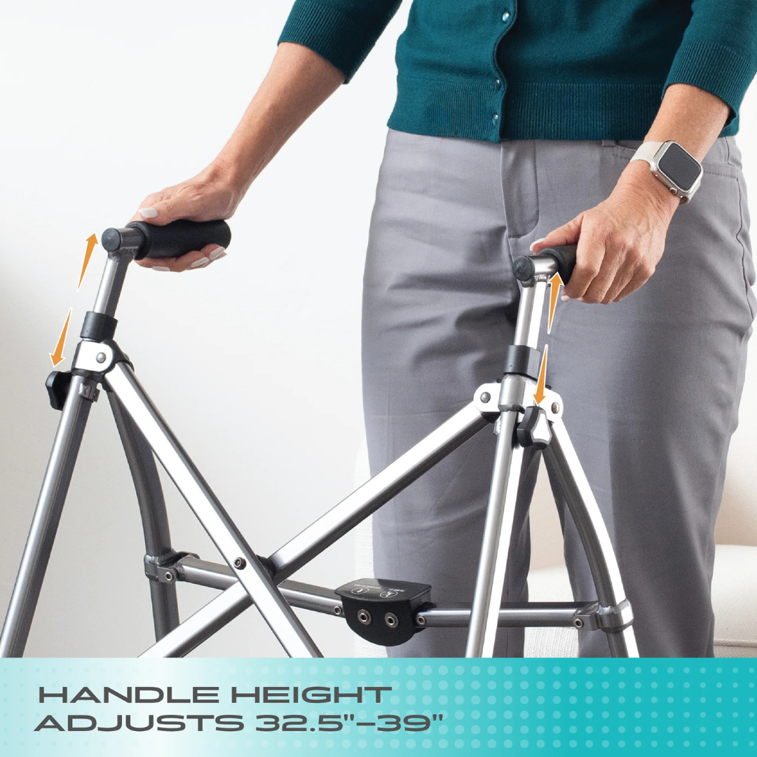 A person adjusts the handles on a silver Stander Bariatric Wonder Walker Plus with Wheels. Orange arrows highlight adjustment points. Text below reads: HANDLE HEIGHT ADJUSTS 32.5–39.