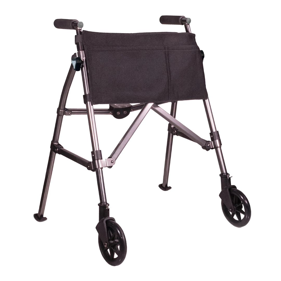 The Stander Bariatric Wonder Walker Plus with Wheels is a compact, lightweight walker featuring a metallic frame, four wheels, black handles, and a central storage pouch or seat for easy portability and reliable mobility support.
