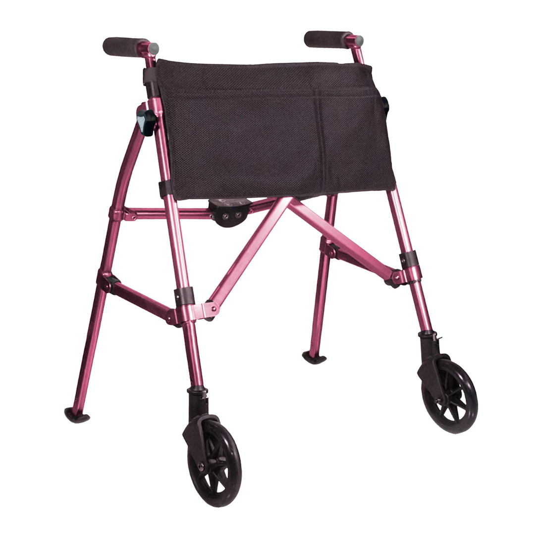 The Stander Bariatric Wonder Walker Plus with Wheels is a lightweight, compact pink folding walker featuring black handles, four wheels, and a front-attached black storage pouch for convenient mobility.