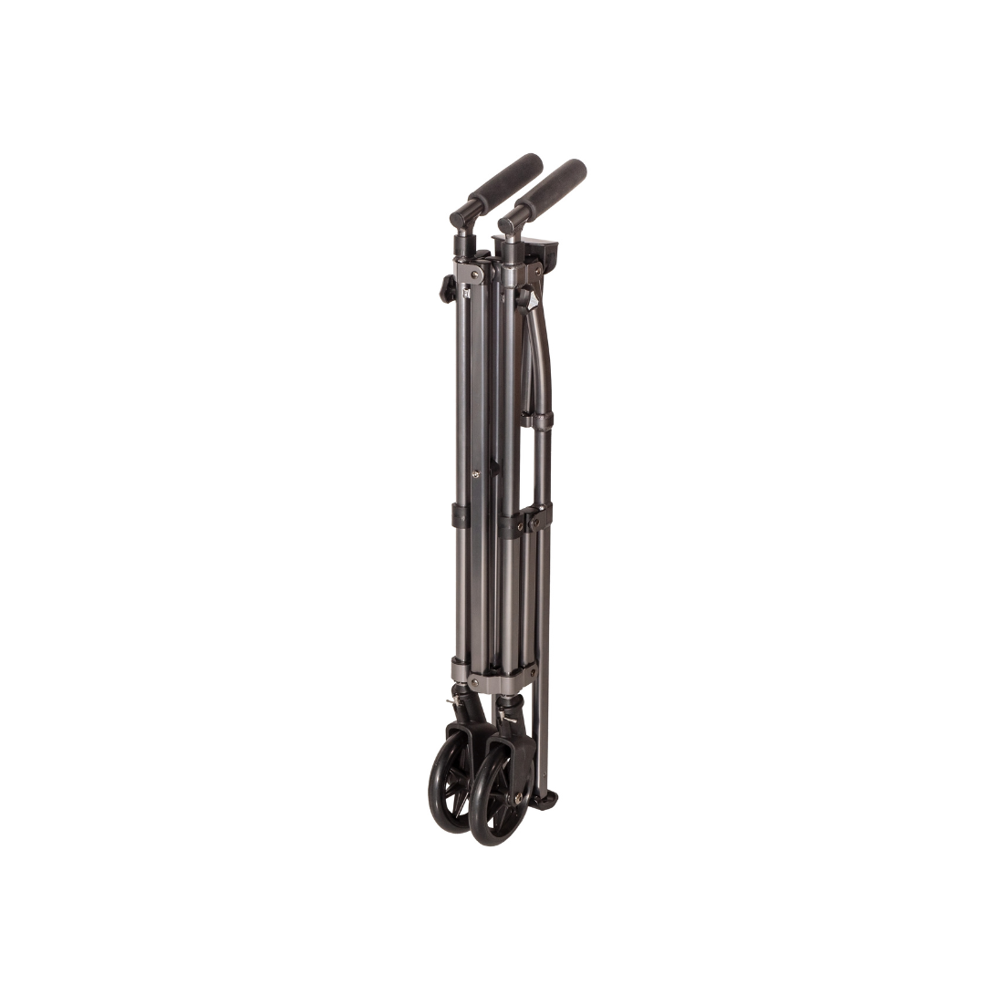The Stander Bariatric Wonder Walker Plus with Wheels is a lightweight, compact folding walker that stands upright on two wheels with extended handles, shown fully collapsed against a white background.