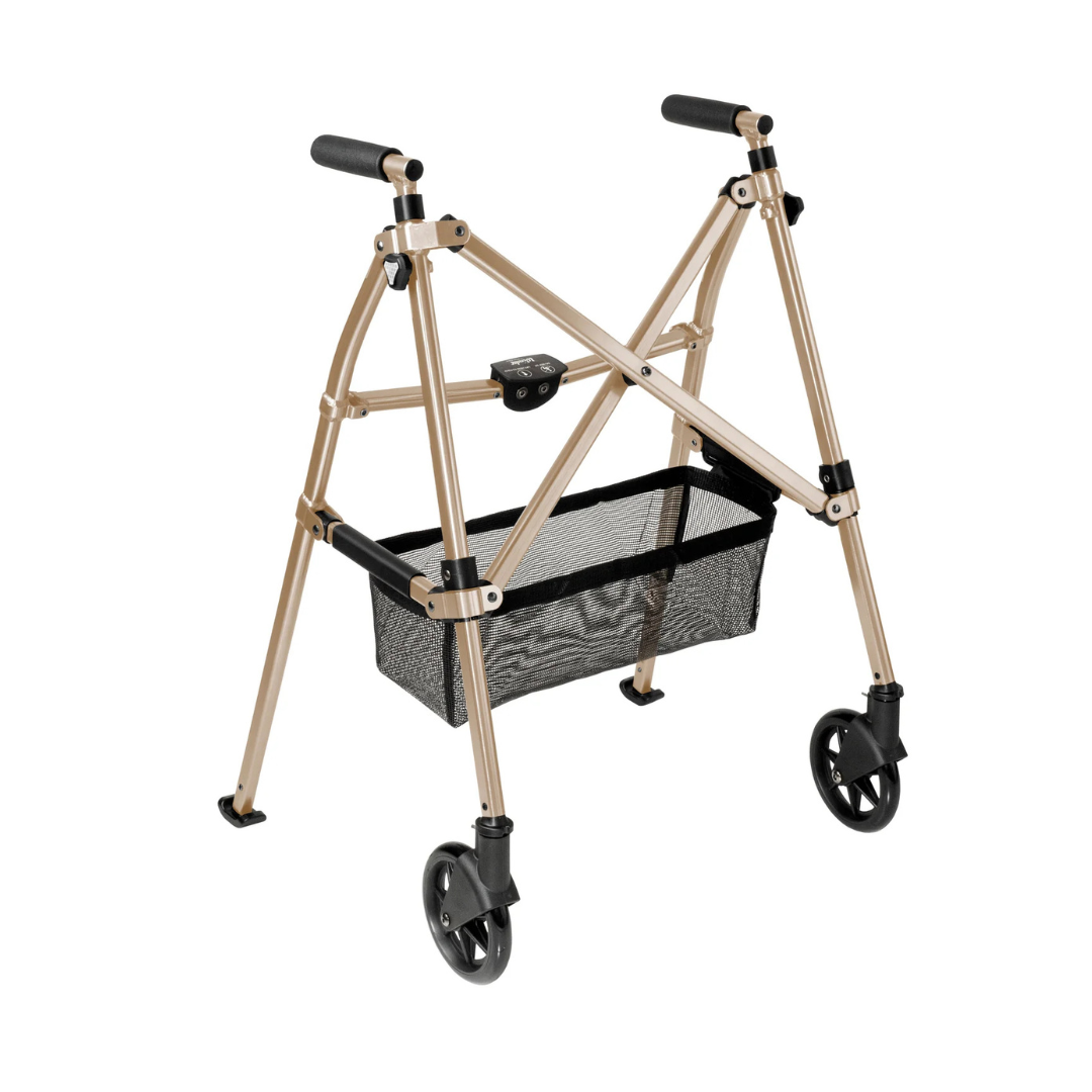 The Stander Bariatric Wonder Walker Plus with Wheels is a foldable, lightweight walker featuring two black front wheels, black hand grips, and a mesh storage basket underneath. Shown in the image against a white background.