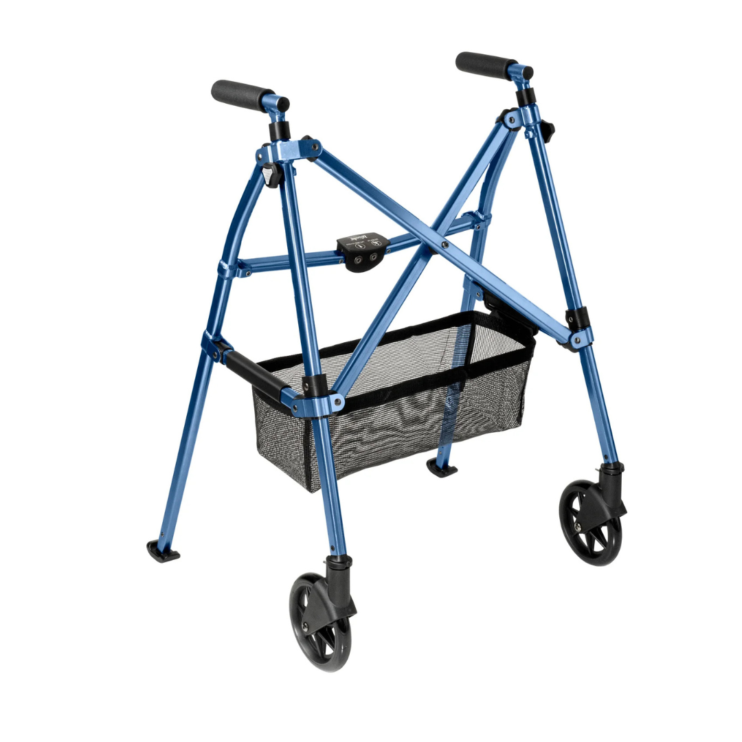 The Stander Bariatric Wonder Walker Plus with Wheels is a lightweight, compact blue folding walker featuring two front wheels, ergonomic handles, and a black mesh storage basket—great for easy mobility and convenient storage.