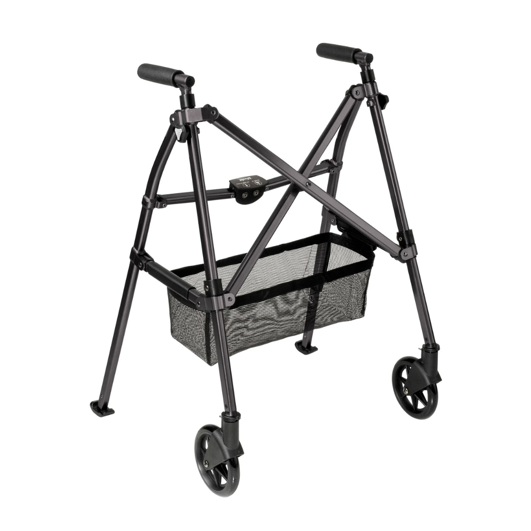 The Stander Bariatric Wonder Walker Plus with Wheels is a lightweight, foldable black walker featuring two large front wheels, rear leg stoppers, foam hand grips, and a mesh storage basket for easy daily mobility.