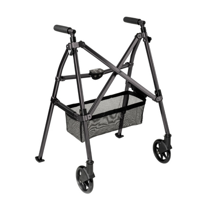 The Stander Bariatric Wonder Walker Plus with Wheels is a lightweight, foldable black walker featuring two large front wheels, rear leg stoppers, foam hand grips, and a mesh storage basket for easy daily mobility.