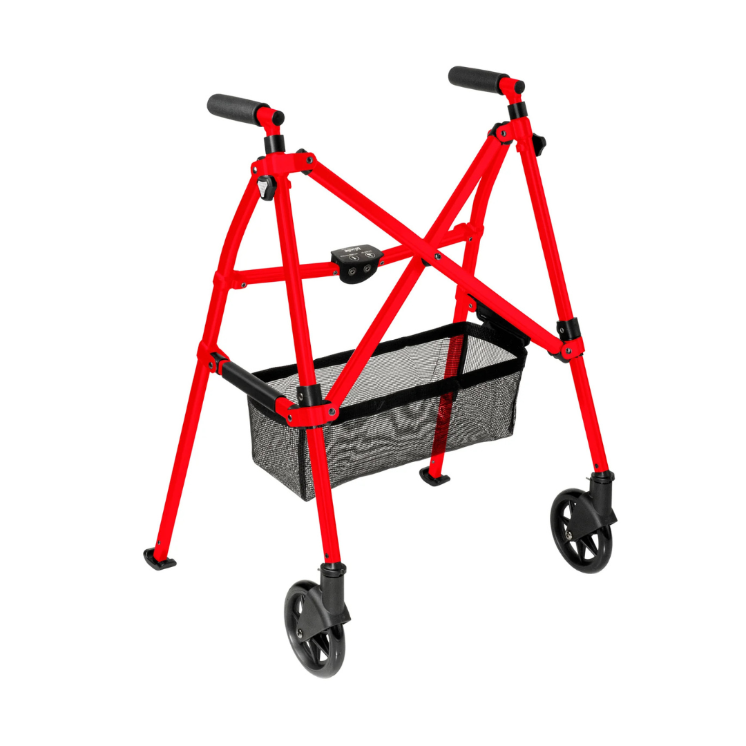 The red Stander Bariatric Wonder Walker Plus with Wheels features four wheels, black handles, and a black mesh storage basket, shown against a white background.