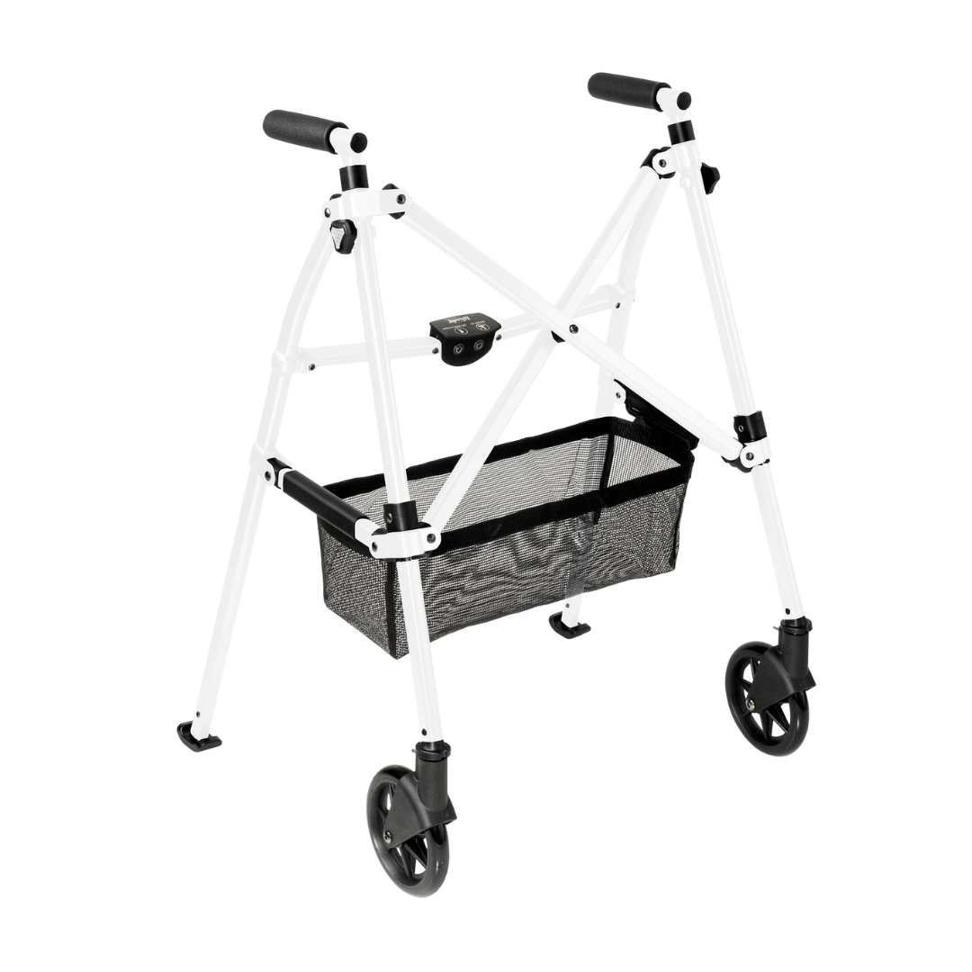 The Stander Bariatric Wonder Walker Plus with Wheels is a lightweight, compact folding walker featuring four wheels, black hand grips, and a convenient black mesh storage basket between the legs.
