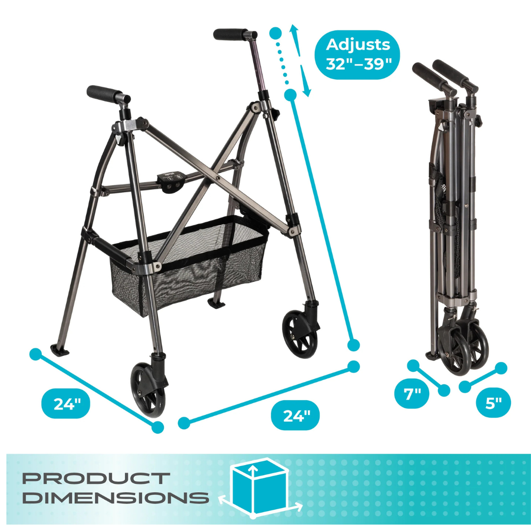 The Stander Bariatric Wonder Walker Plus with Wheels is a lightweight, compact folding walker featuring four wheels, a mesh basket, and adjustable handle height from 32 to 39 inches. Graphic showcases its dimensions and easy storage.