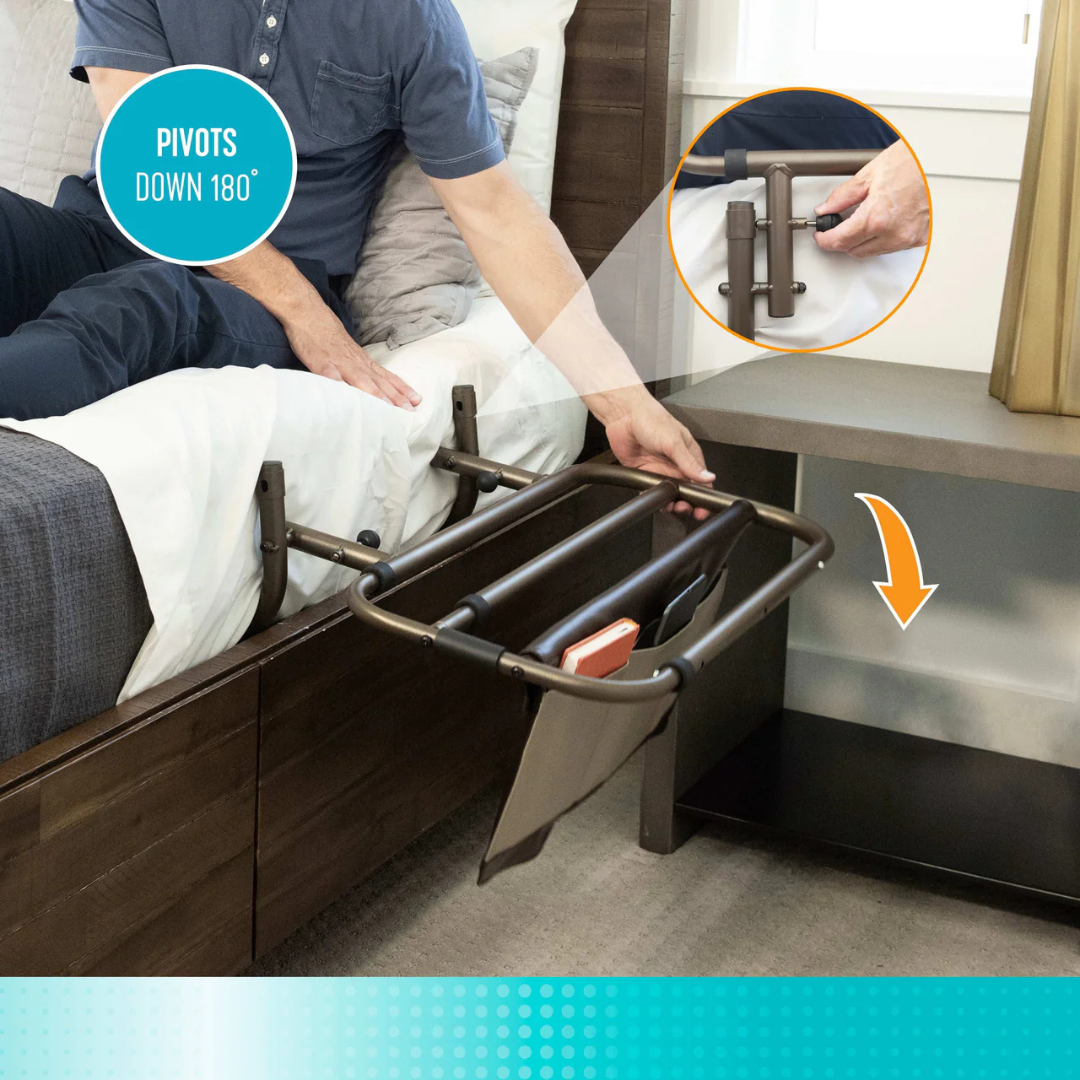 A person shows the Signature Life Sleep Safe Extendable Bed Rail with a storage pouch, pivoting 180° for access or storage. An inset highlights the adjustable rail mechanism. Specifications and warranty details offer extra peace of mind.