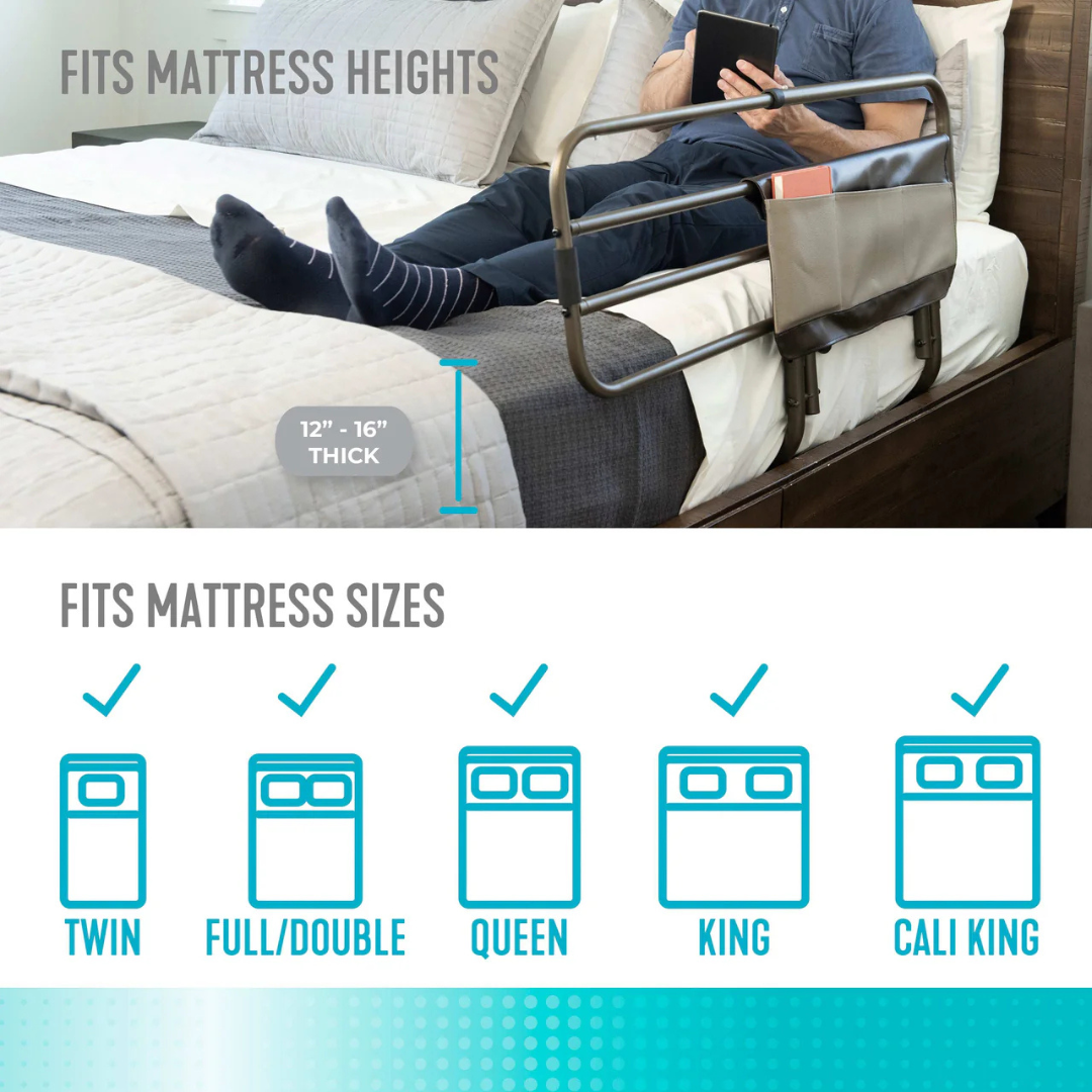 A man sits on a bed with the Signature Life Sleep Safe Extendable Bed Rail attached; text notes compatibility with 12-16" thick twin, full/double, queen, king, and California king mattresses. Warranty info available upon request.