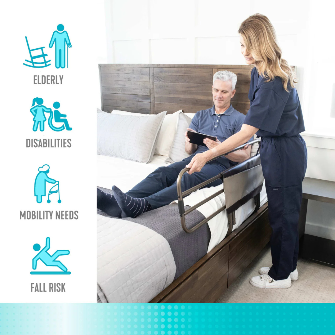 A caregiver helps a man on a bed equipped with the Signature Life Sleep Safe Extendable Bed Rail. Icons for elderly care, disabilities, mobility, and fall risk highlight how this secure rail fits various home care needs in a bright bedroom setting.
