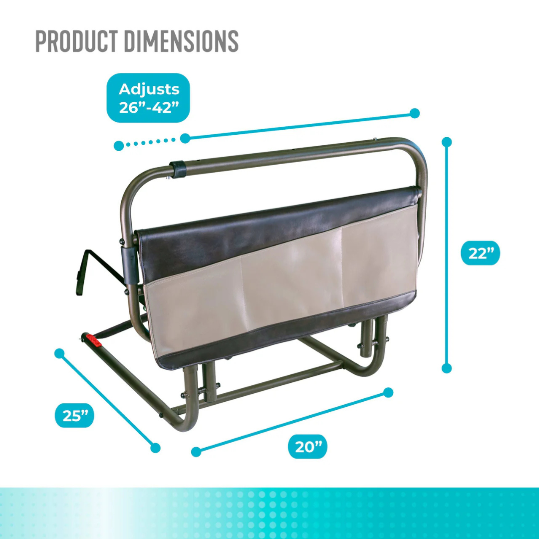 The Signature Life Sleep Safe Extendable Bed Rail features a metal and fabric frame with padded armrest, side pocket, adjustable top bar (26–42"), and measures 25" W x 20" D x 22" H. Product dimensions above; warranty info available.