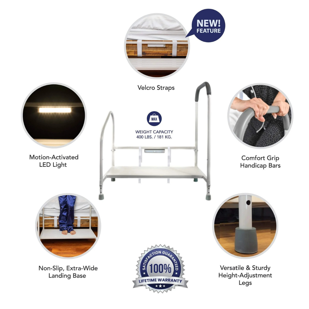 The Step2bed Deluxe Bedside Step-Up Platform with Accessory kit features a motion-activated LED light, non-slip wide base, Velcro straps, comfort grip handles, adjustable legs, 400 lb capacity, and a lifetime warranty—ideal as a sturdy bed step stool.