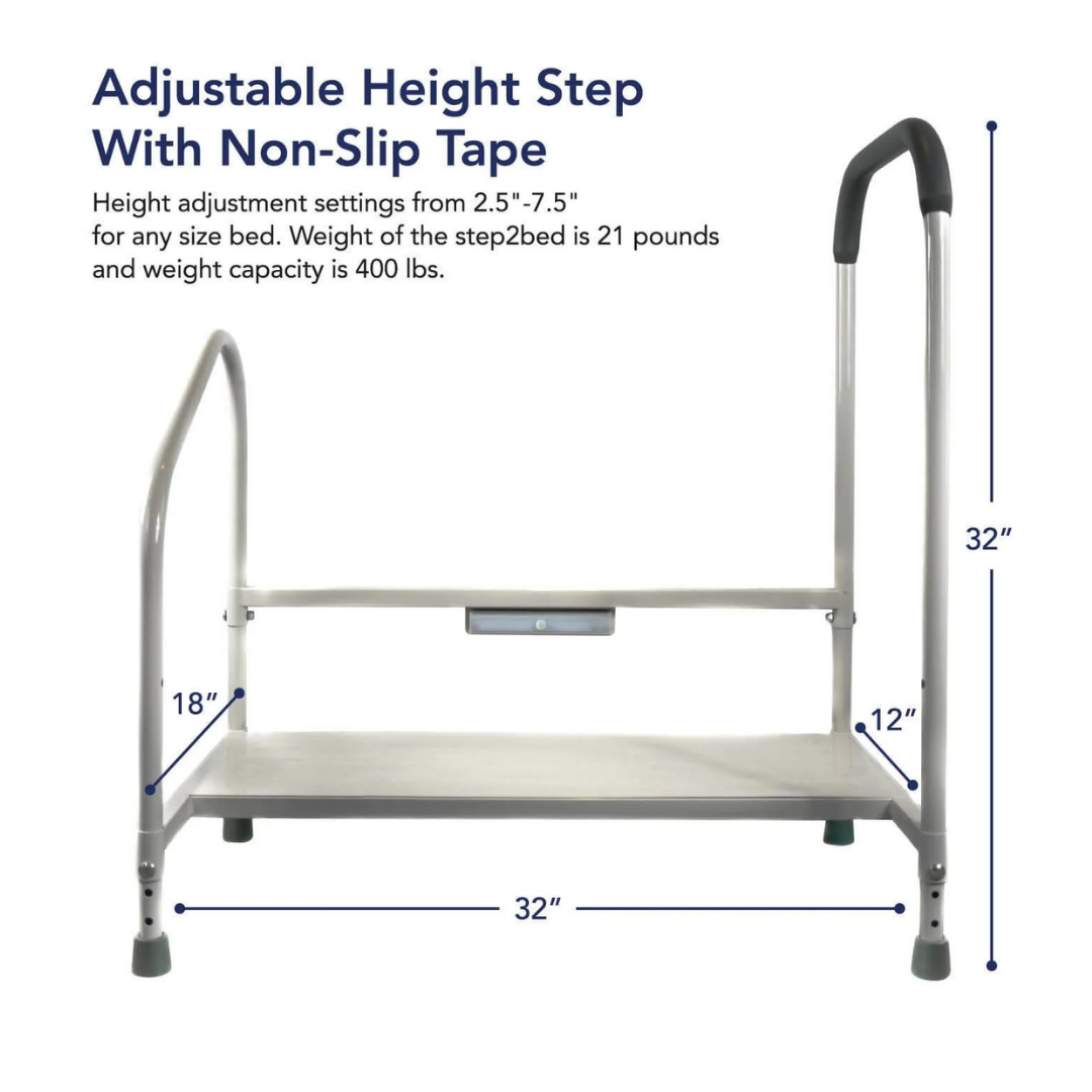 The Step2bed Deluxe Bedside Step-Up Platform with Accessory Kit is an adjustable height bed step stool featuring non-slip tape, dual handrails for stability, a 32 wide platform raised 12 off the ground, and 32 tall safety railings.