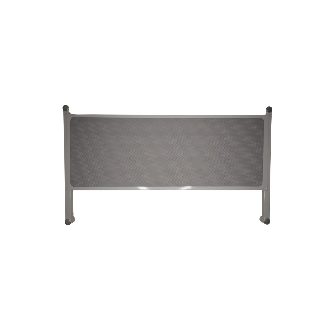 A gray mesh safety bed rail with rounded corners and vertical supports helps prevent falls. It pairs perfectly with the Step2bed Deluxe Bedside Step-Up Platform with Accessory Kit for added ease and security, shown against a white background.