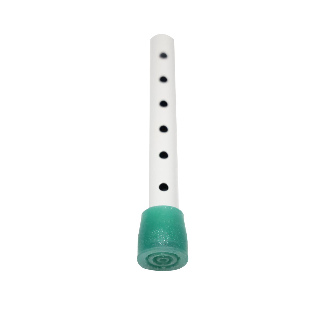 A white recorder with six holes and a green mouthpiece, shown vertically against a white background—comparable in size to the Step2bed Deluxe Bedside Step-Up Platform with Accessory Kit.
