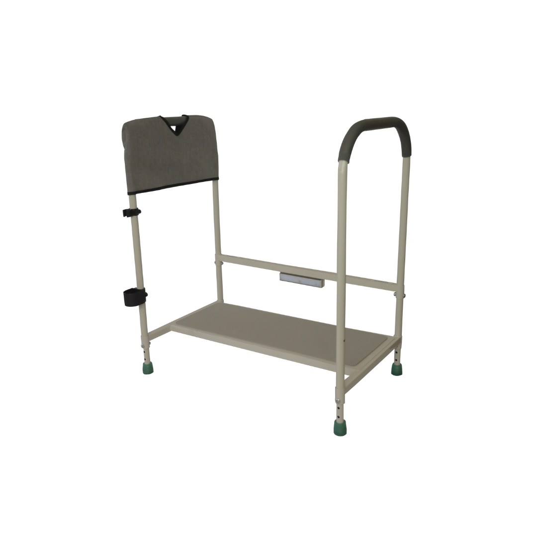 The Step2bed Deluxe Bedside Step-Up Platform with Accessory Kit features a metal safety rail with padded handle, gray fabric pouch, and base platform—perfect for safely getting in and out of bed and complements a bed step stool.