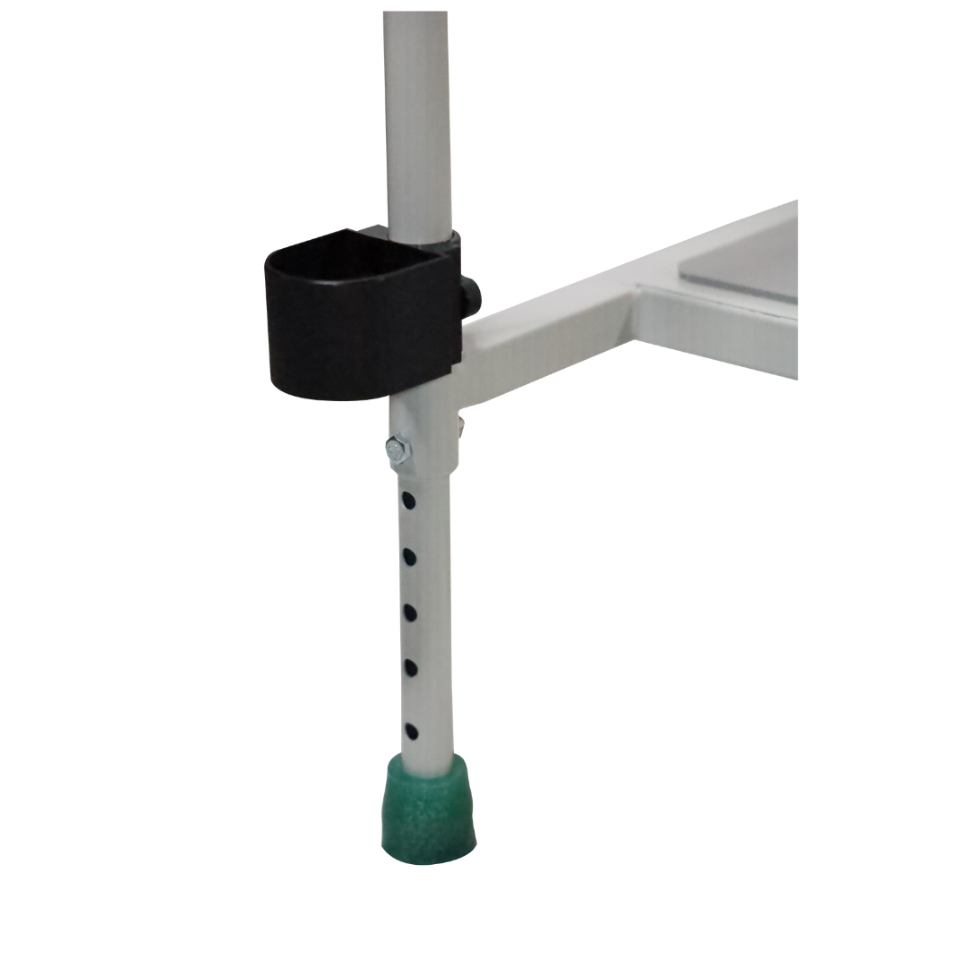 Close-up of an adjustable metal leg from the Step2bed Deluxe Bedside Step-Up Platform, featuring a green rubber tip, multiple height holes, black plastic clamp, and horizontal support bar against a white background.