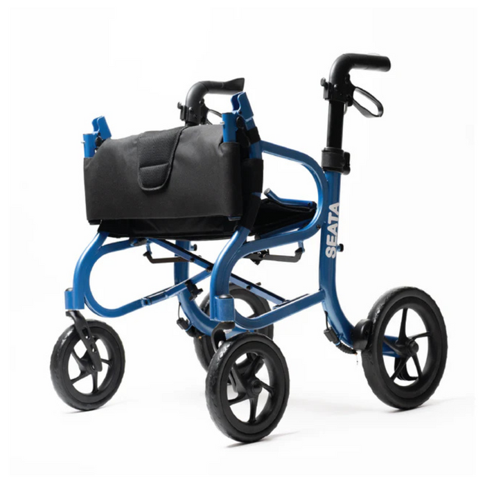 The Strongback Mobility SEATA Ergonomic Rollator is a blue, four-wheeled walker with large black wheels, two handles, and a sturdy frame for mobility assistance. It features a black front bag and lightweight design for easy maneuverability and comfort.