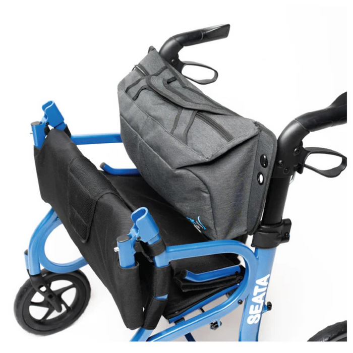 The Strongback Mobility SEATA Ergonomic Rollator is blue and lightweight, featuring a gray storage bag on the handlebars, black seats, large wheels for easy movement, and ergonomic back support for enhanced comfort.