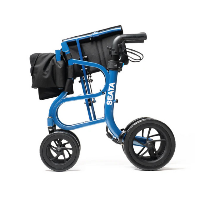 The folded Strongback Mobility SEATA Rollator, in blue, features a black seat, ergonomic back support, large wheels for enhanced mobility, and a compact structure for easy storage.