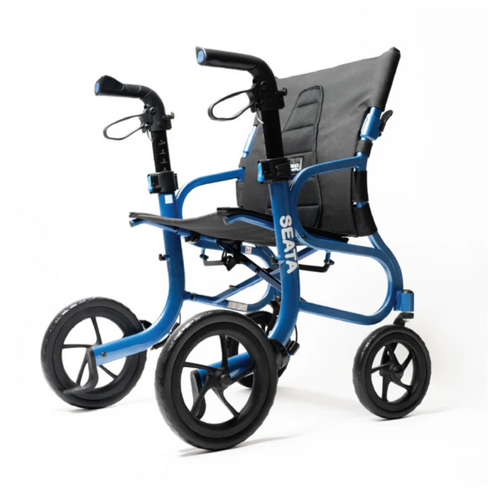 The Strongback Mobility SEATA Ergonomic Rollator, in blue and black, features four large wheels, a padded seat, ergonomic back support, dual hand brakes and handles for stability. The brand Seat is prominently displayed on the side.