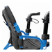 Close-up image of a blue manual wheelchair, showcasing armrests and ergonomic back support. The frame resembles the Strongback Mobility SEATA Ergonomic Rollator, with numbered adjustable settings. Upholstery is black and well-padded.