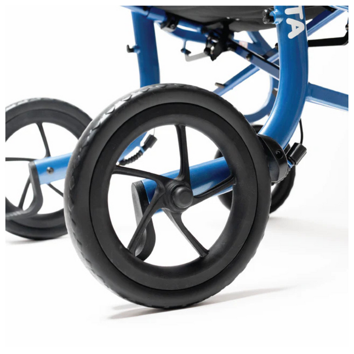 The Strongback Mobility SEATA Ergonomic Rollator in vibrant blue features black wheels, an ergonomic back support, and large rear tires for easy maneuverability. Its lightweight frame stands out against the plain white background.