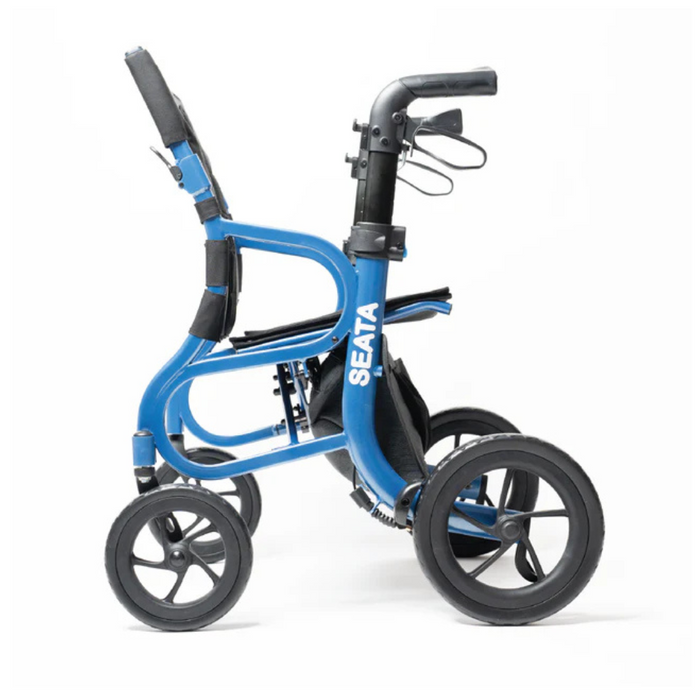 The Strongback Mobility SEATA Ergonomic Rollator is blue with four large black wheels, offering great mobility assistance. Its lightweight, includes a folding seat, ergonomic back support, handlebars with brakes, and a sturdy backrest for comfort.