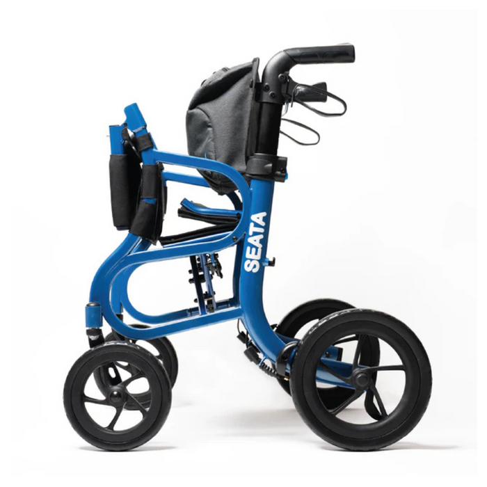 The Strongback Mobility SEATA Ergonomic Rollator features ergonomic back support, a seat, and four large wheels for easy folding. The brand name is prominently displayed on the frame.