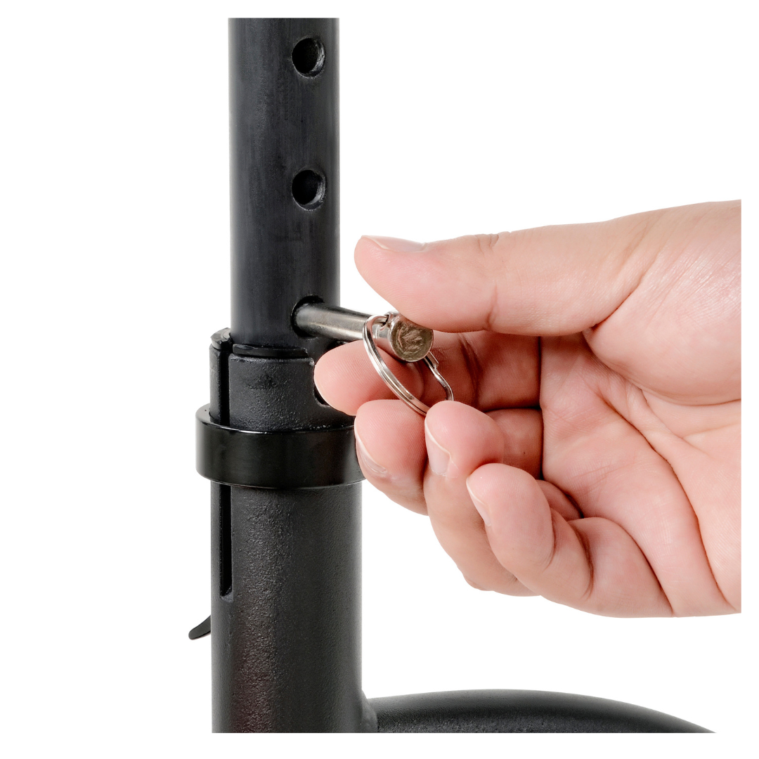 The SuperHandy Passport Power Mobility 3-Wheel Scooter features a black adjustable metal pole, secured with a pin and metal ring. It offers multiple customization holes and a clamp for stability. The image shows the scooter being adjusted against a plain white background.