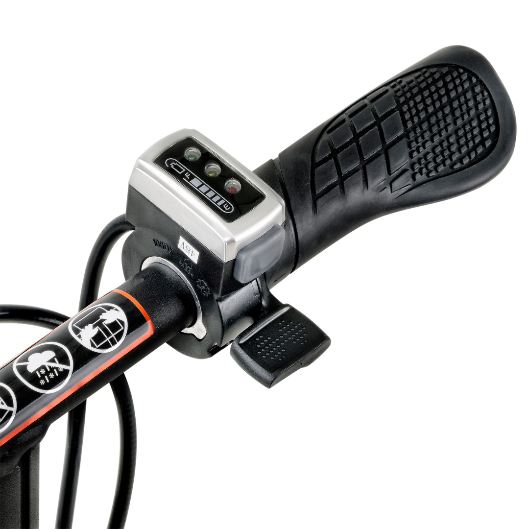 Close-up of textured handlebar grip with gear shifter and display for gear numbers, featuring buttons. Reminiscent of the SuperHandy Passport Power Mobility 3-Wheel Scooters design, instructional symbols are visible on the handlebar.