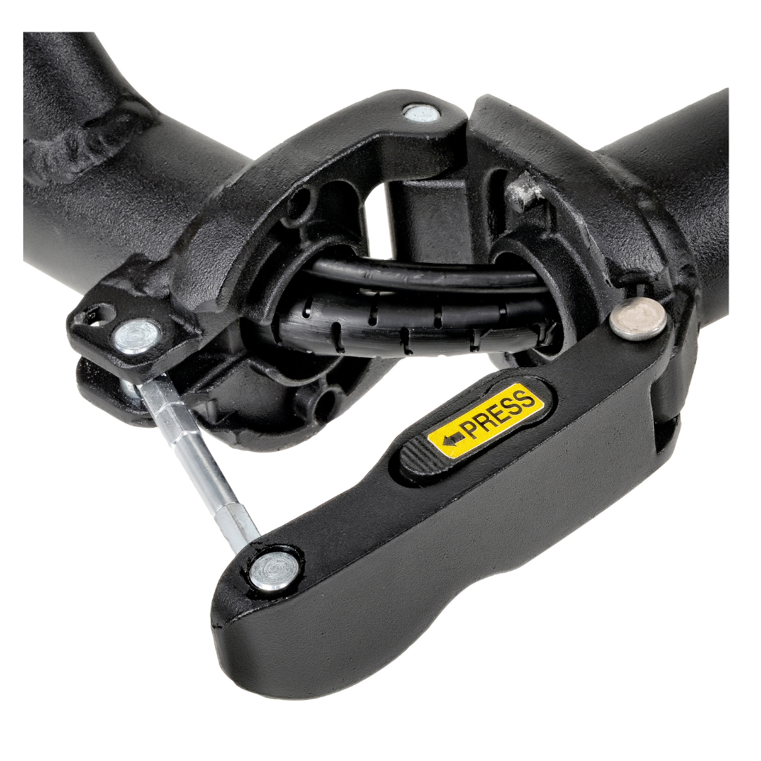 A mechanical hinge with a yellow PRESS label on a black lever is integrated into the lightweight, 35 lbs SuperHandy Passport Power Mobility 3-Wheel Scooter. It connects to a sturdy black frame with cables, surrounded by robust metallic components.