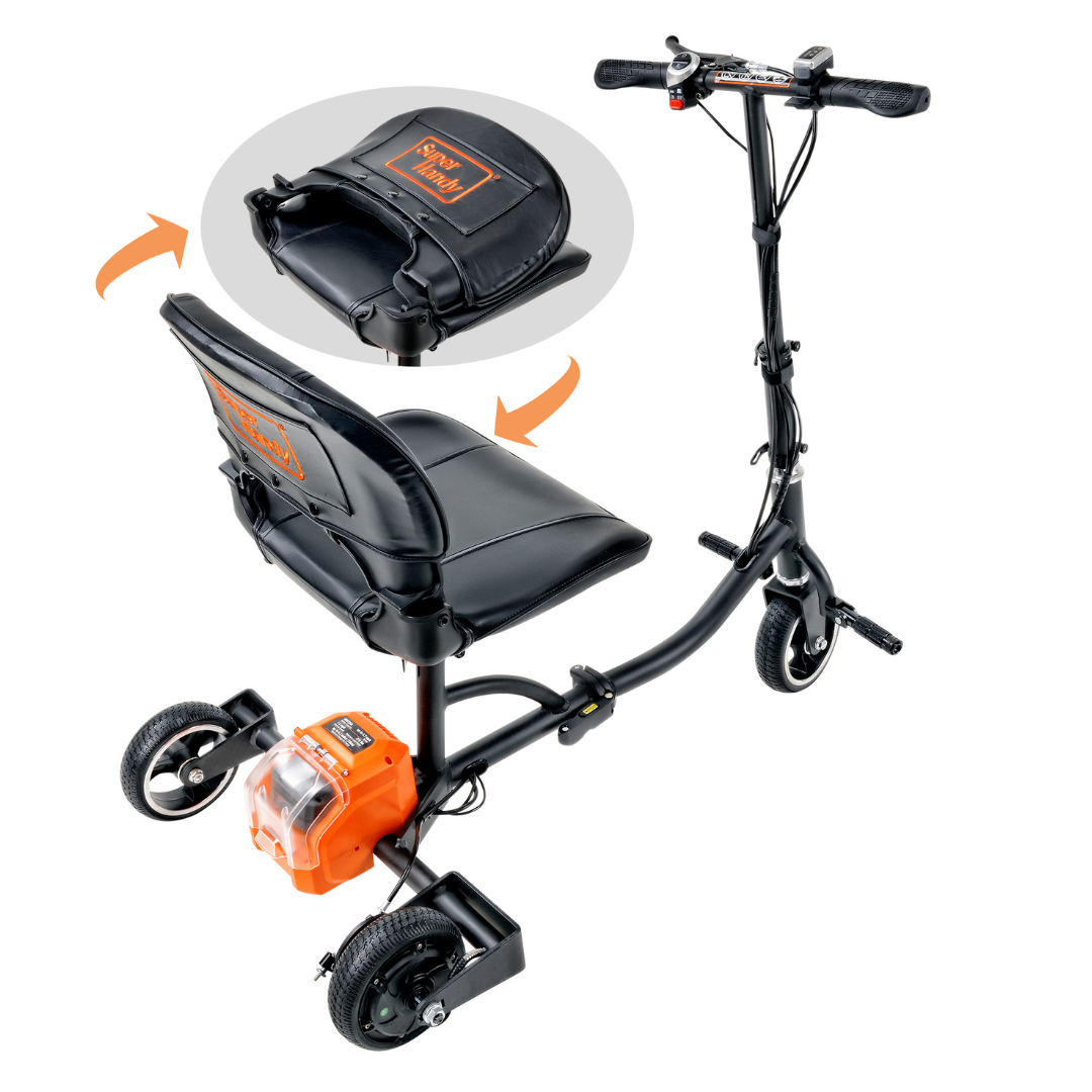The SuperHandy Passport Power Mobility 3-Wheel Scooter weighs only 35 lbs and offers easy mobility with a single rear seat, two small rear wheels, black and orange colors, handlebars, and a detachable storage compartment shown separately with an arrow for style and practicality.