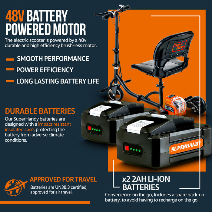 The SuperHandy Passport Power Mobility 3-Wheel Scooter comes with 2 48V batteries for smooth performance