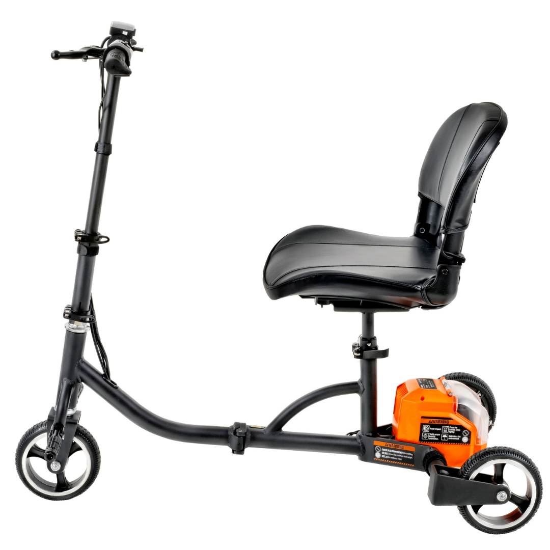 The SuperHandy Passport Power Mobility 3-Wheel Scooter, weighing only 35 lbs, is foldable and lightweight, featuring a black frame with an orange motor unit near the rear wheel. It offers handlebars and a comfortable upright seat for easy mobility and convenient travel.