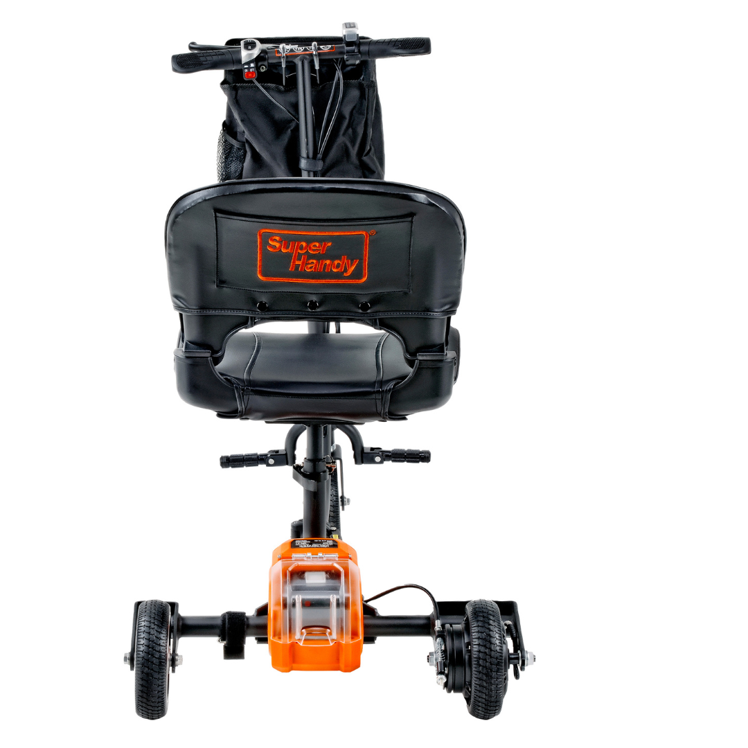 The rear view of the SuperHandy Passport Power Mobility 3-Wheel Scooter, a sleek black and orange lightweight foldable design with a black seat and orange label, includes a handlebar bag for convenience and accessibility.