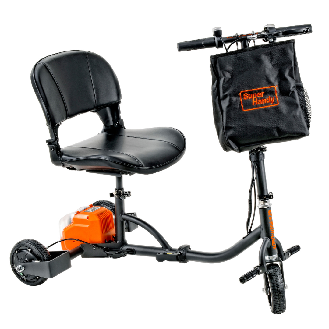 The SuperHandy Passport Power Mobility 3-Wheel Scooter, weighing only 35 lbs, features a black seat and handlebar. It includes a Super Handy front storage bag, an orange motor, and small rear wheels for enhanced stability.