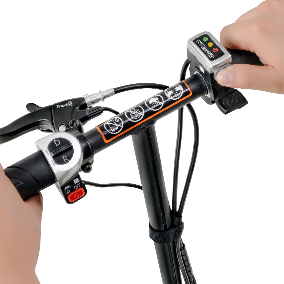 A close-up reveals hands holding the handlebars of a SuperHandy Passport Power Mobility 3-Wheel Scooter. The controls include a D/R directional switch and a multi-colored indicator display, with symbol stickers visible along the handlebar.