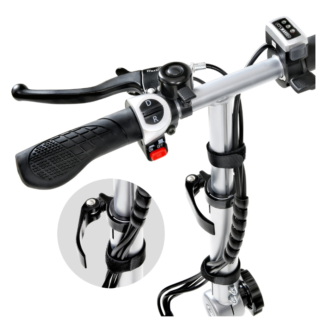 Close-up of the SuperHandy Passport Plus Portable Power Mobility Scooter handlebar with a sleek black grip, gear shifter, brake lever for long-distance travel, and dashboard display. Includes detailed insert showing the folding mechanism on the handlebar stem. .