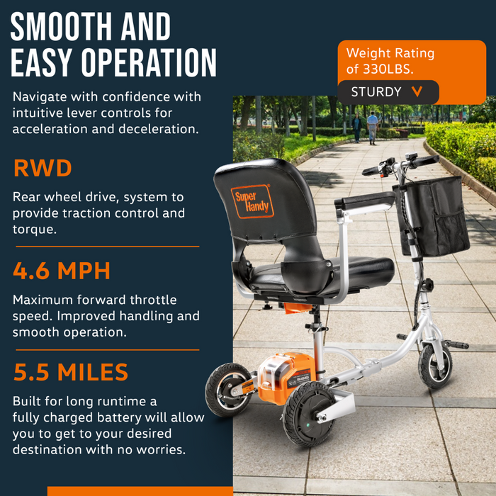 The SuperHandy Passport Plus Portable Power Mobility Scooter GUT140 is a smooth ride for easy transportation with a 4.6 MPH speed and can support up to 300 lbs