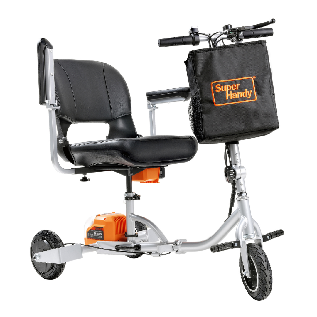 The SuperHandy Passport Plus Portable Power Mobility Scooter features a black leather seat, three wheels, dual battery power, and a Super Handy black storage bag. Its silver frame with an orange base offers easy maneuverability, making it ideal for long-distance travel with an 11-mile range.