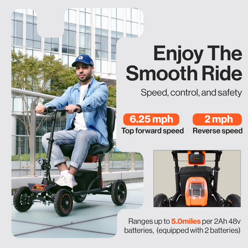 Enjoy the smooth ride of the SuperHandy Explorer Portable Power Mobility Scooter  GUT161 with 6.5 MPH top speed and a 2 MPH reverse speed