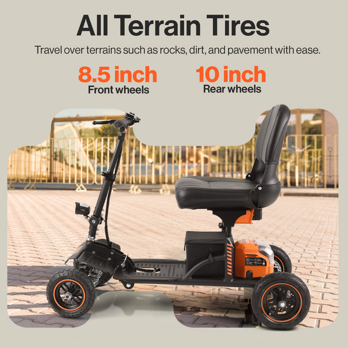 The all terrain tires on the SuperHandy Explorer Portable Power Mobility Scooter  GUT161 help traverse the world around you